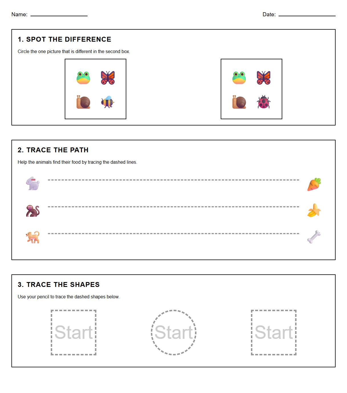 Fine Motor Skills Spot the Difference Worksheet with Tracing Elements