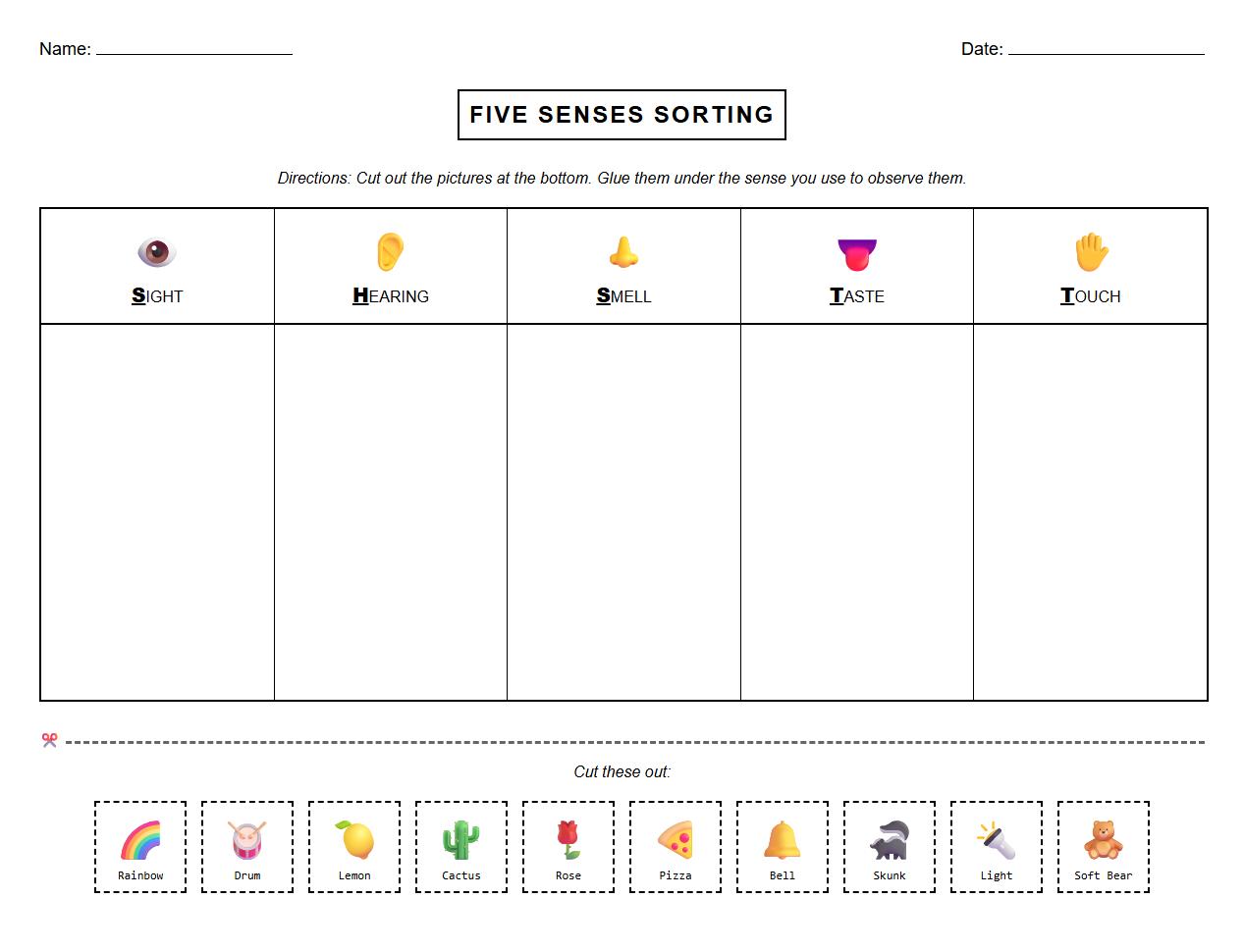 Five Senses Phonics Initial Sounds Sorting Sheet