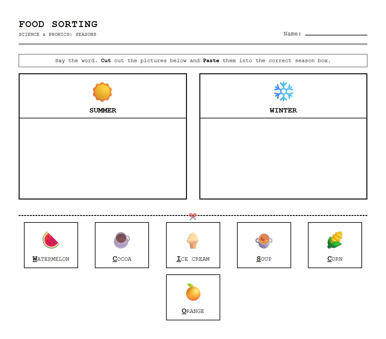 Food Sorting by Season Interactive Phonics Worksheet