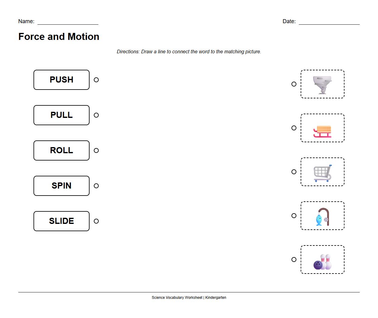Force and Motion Vocabulary Picture Worksheet