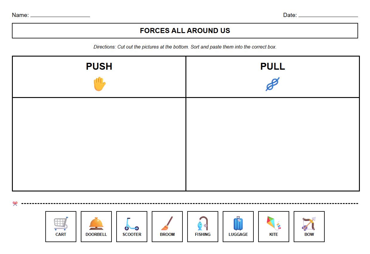 Forces All Around Us Sorting Worksheet with Push and Pull Examples