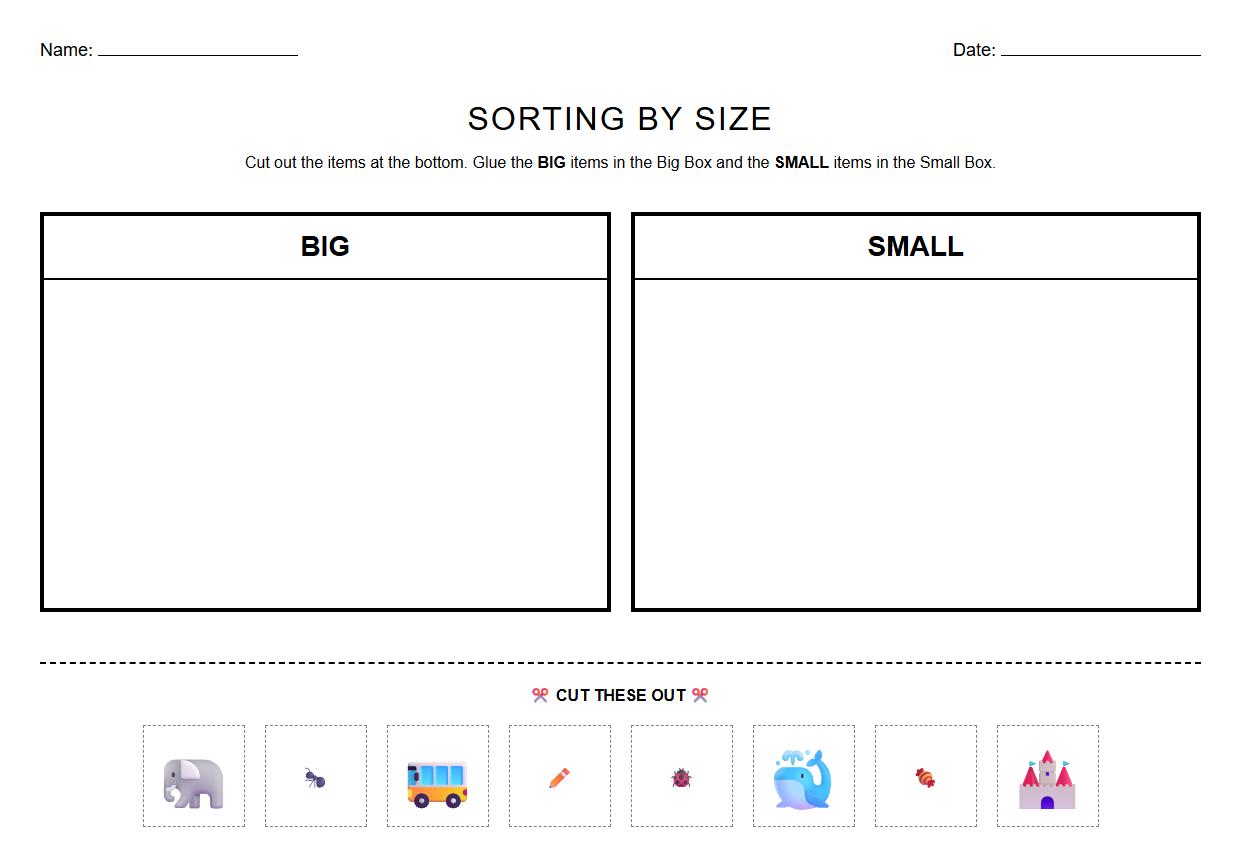 Graphic Organizer Worksheet Using Size Attributes