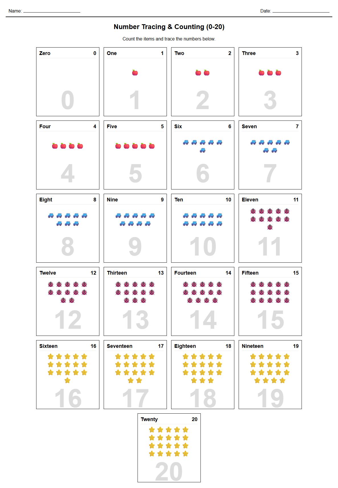 Hands On Manipulatives Number Tracing 0 to 20 Worksheet