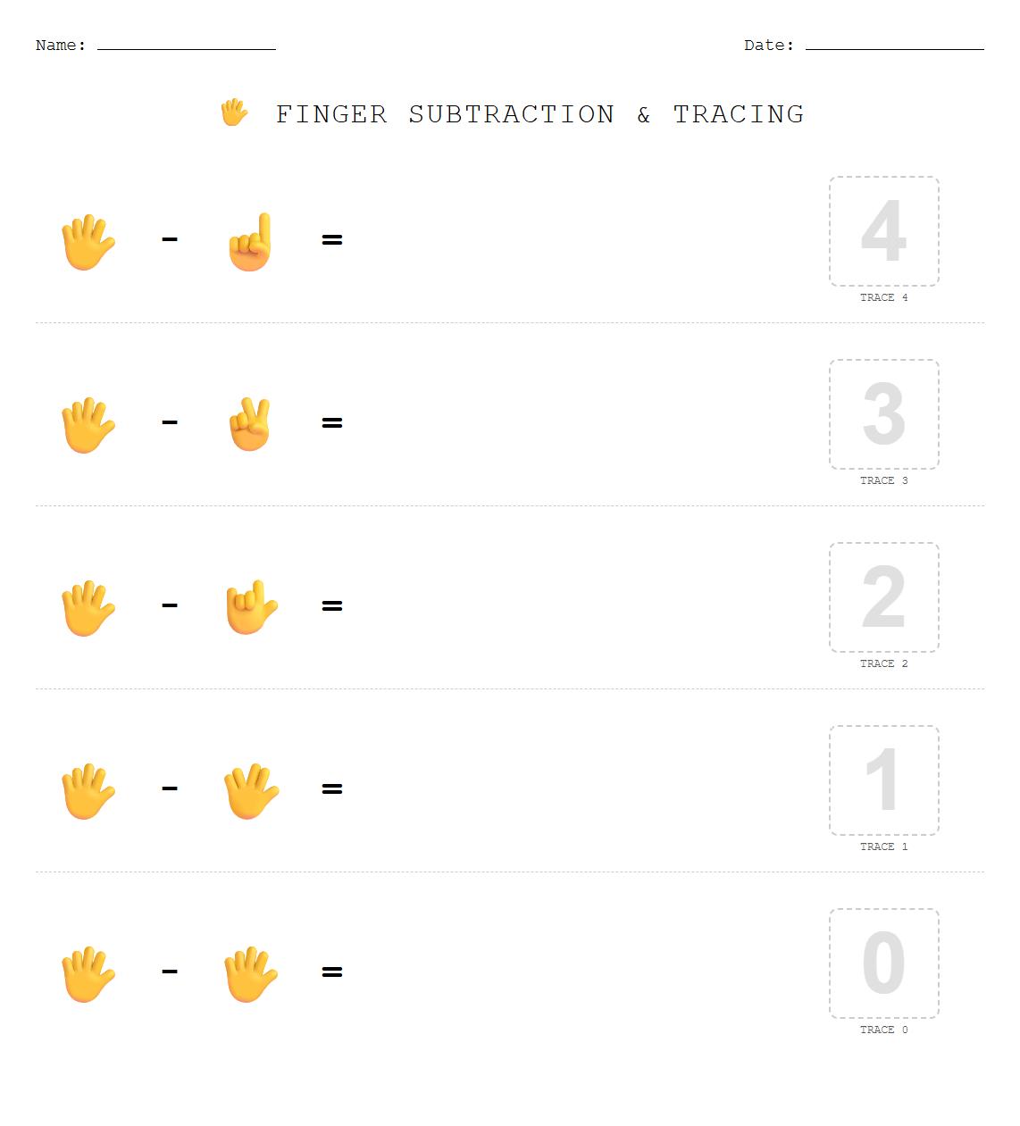 Hands On Subtraction with Finger Tracing Numbers Worksheet