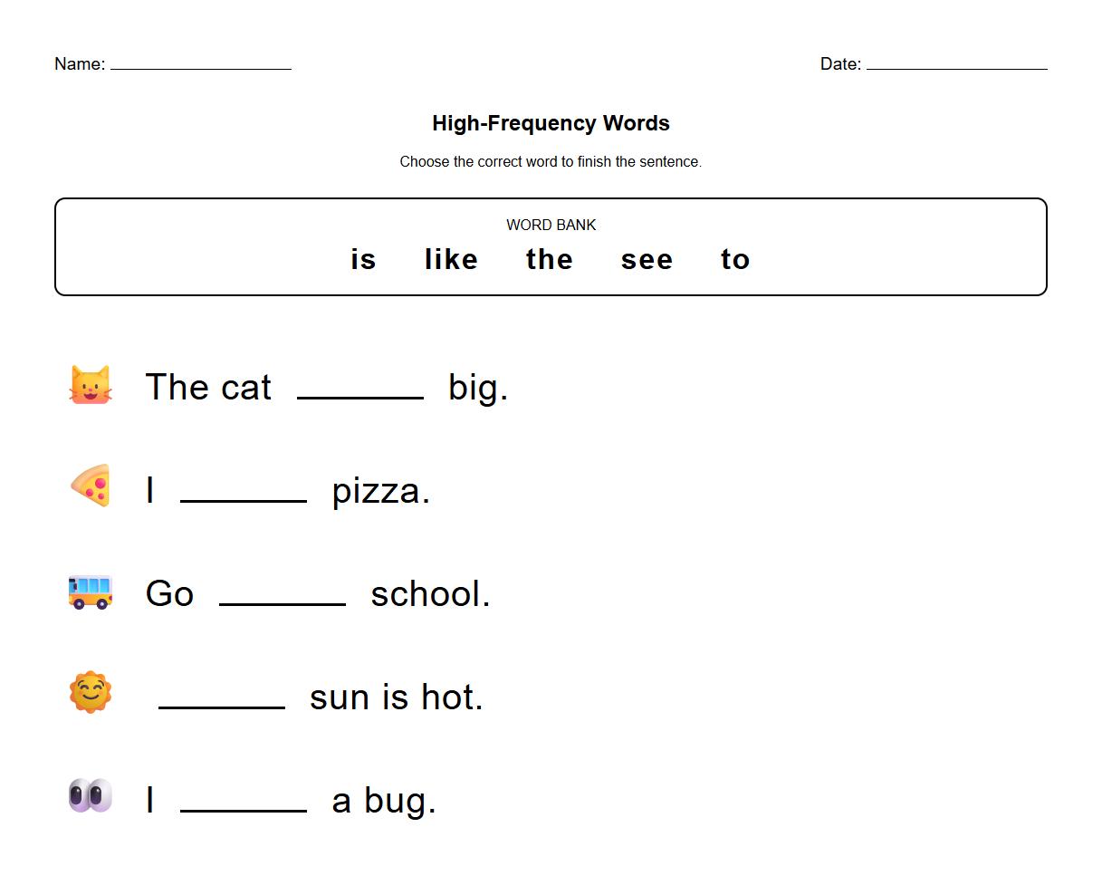 High-Frequency Words Fill in the Blanks Phonics Worksheet