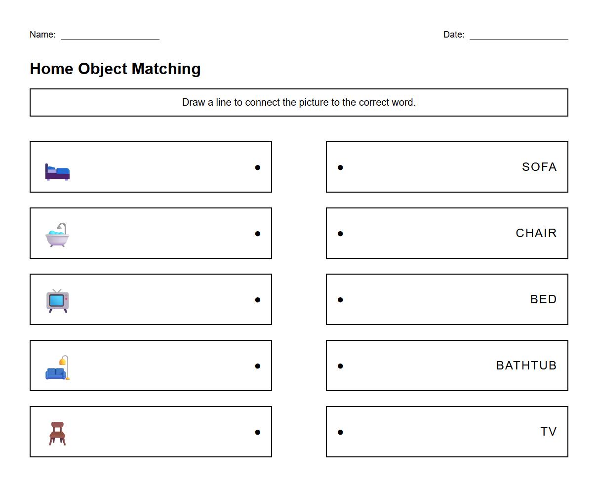 Home Object Picture to Word Association Worksheet