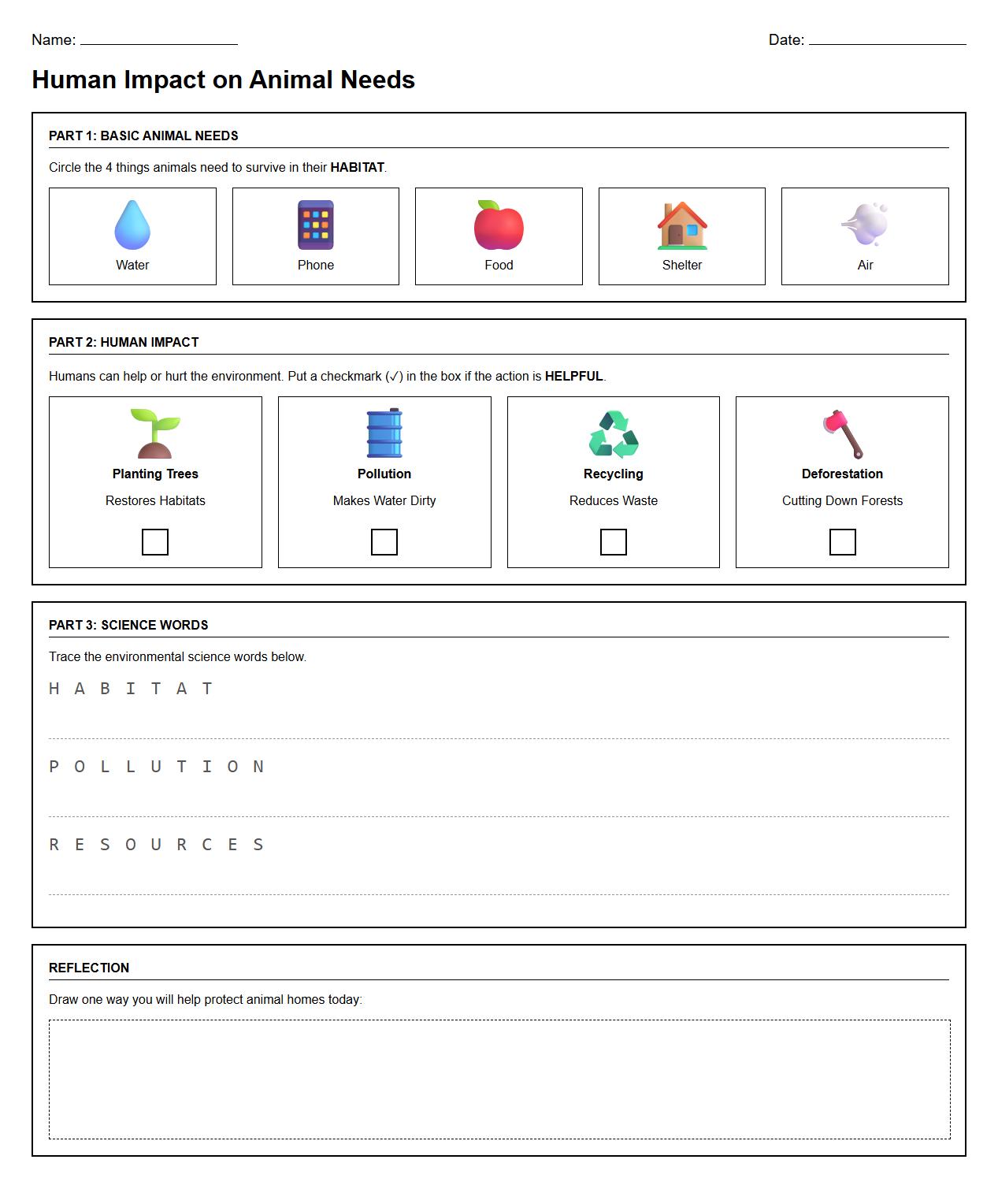 Human Impact on Animal Needs Worksheet with Environmental Science Terms