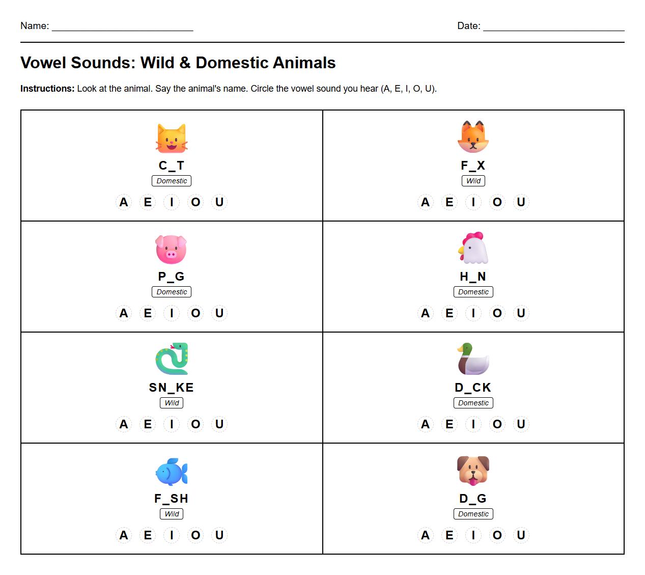 Identify Vowel Sounds in Wild and Domestic Animals Worksheet