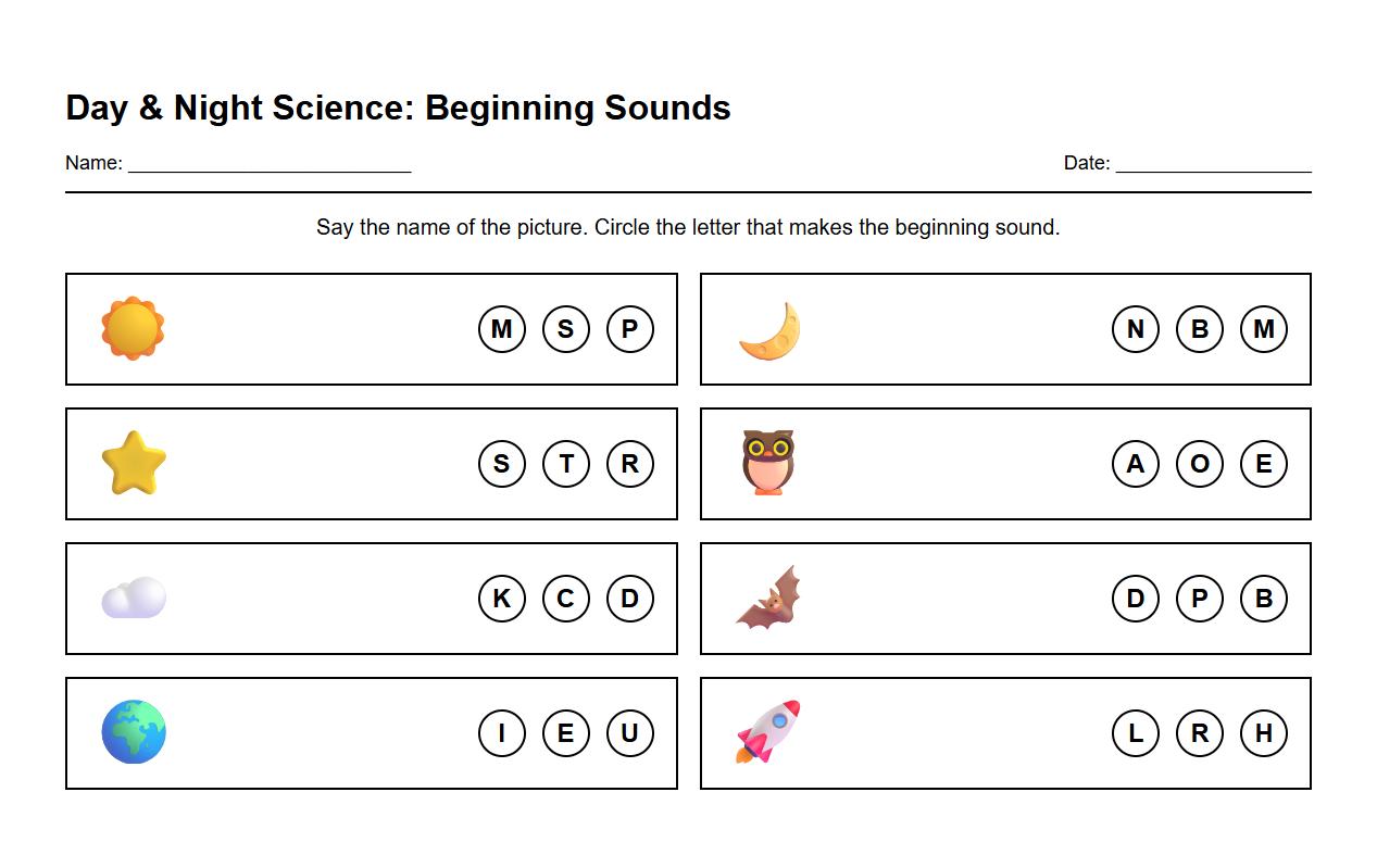 Identifying beginning sounds in words connected to day and night