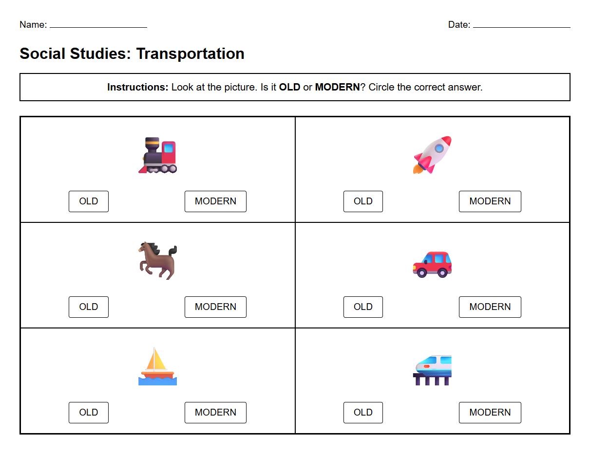 Identifying old and modern transportation worksheet
