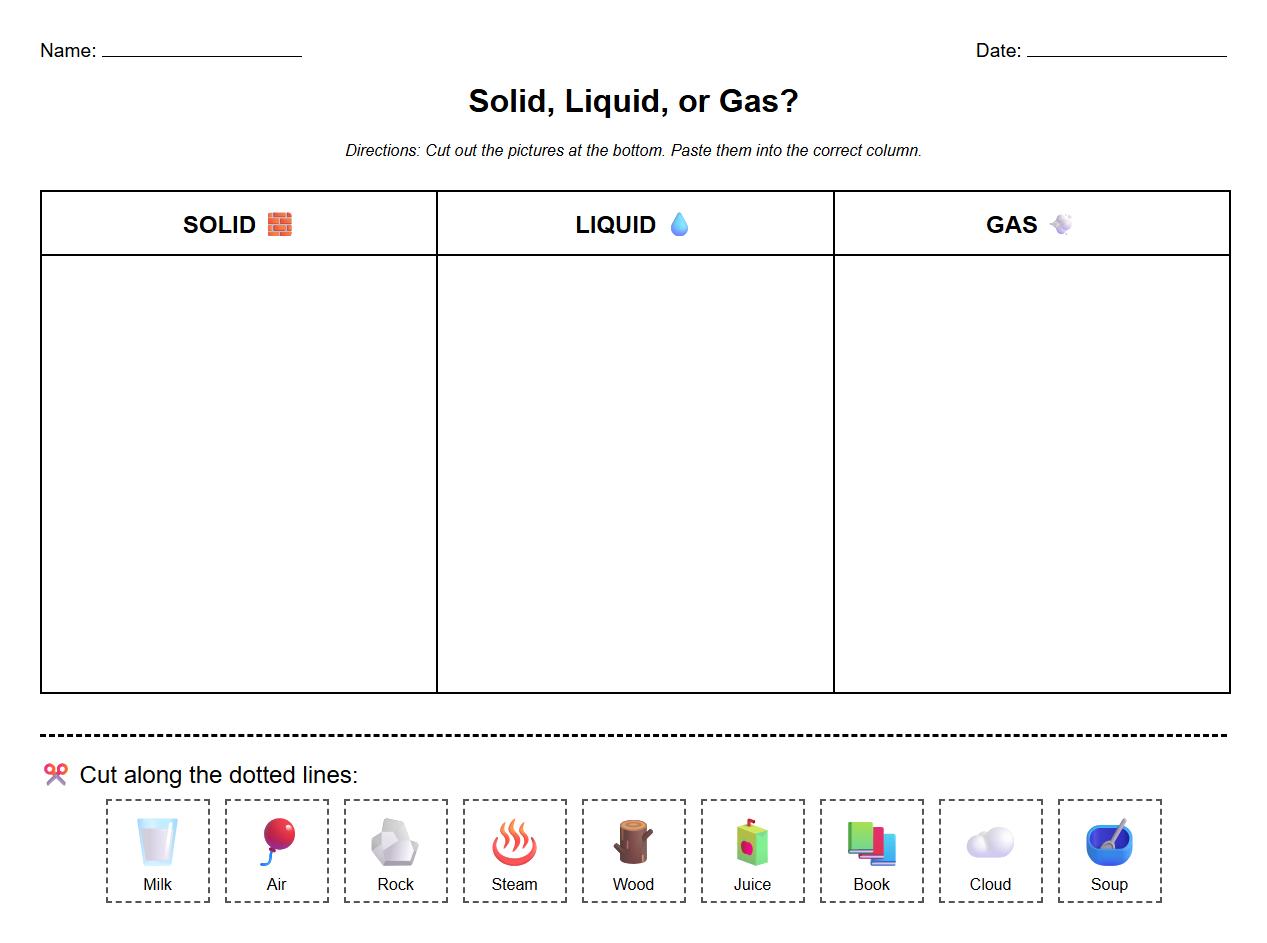 Identifying Solids Liquids Gases Cut and Paste Sheet