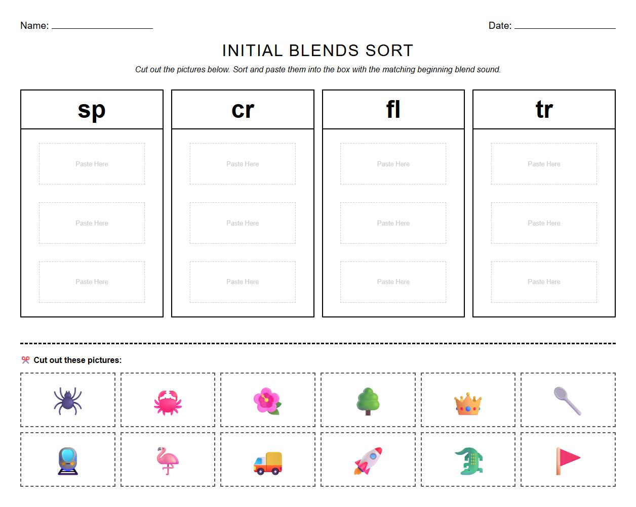 Initial Blends Sound Sorting Worksheet