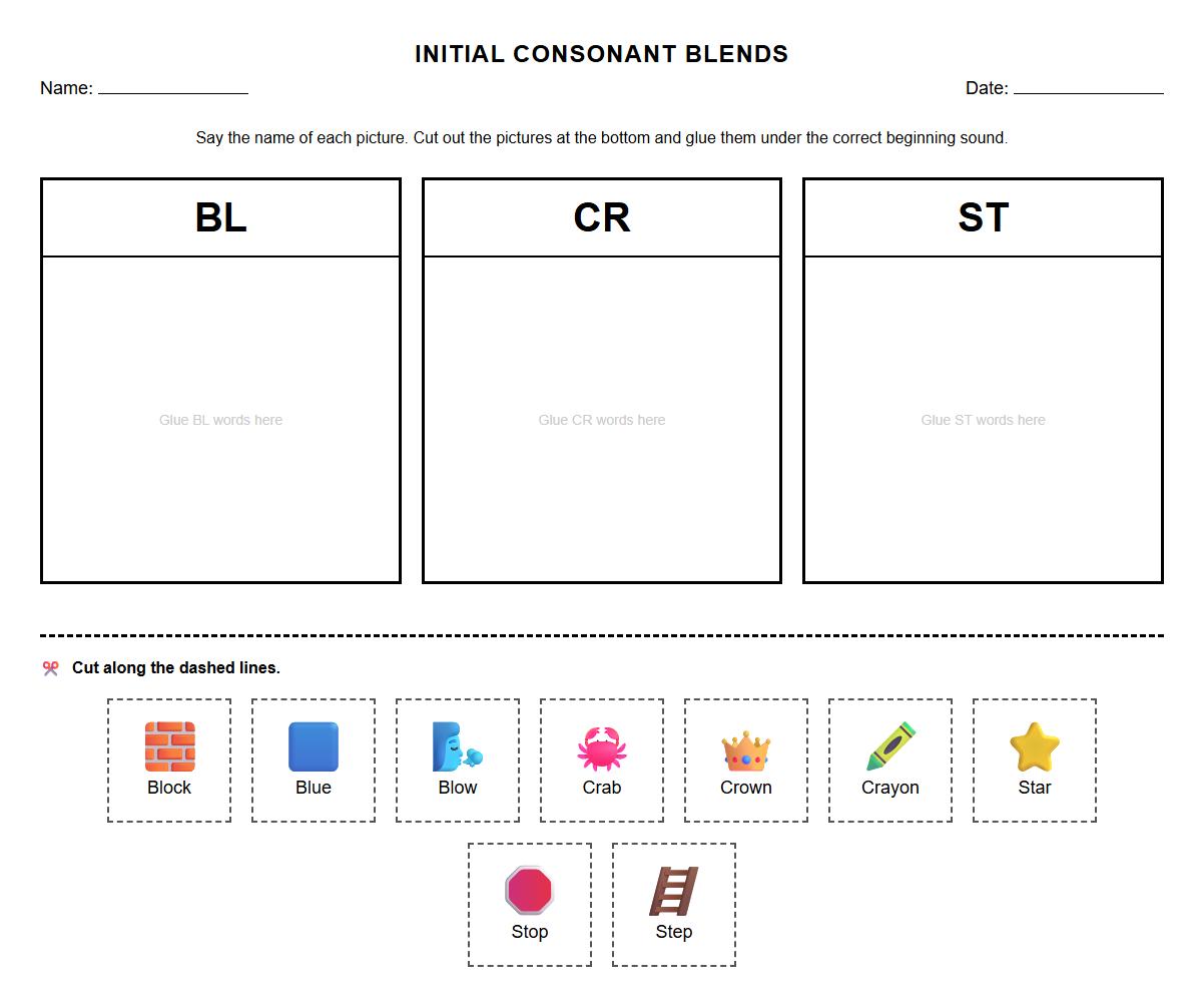 Initial Consonant Blend Sorting Worksheet