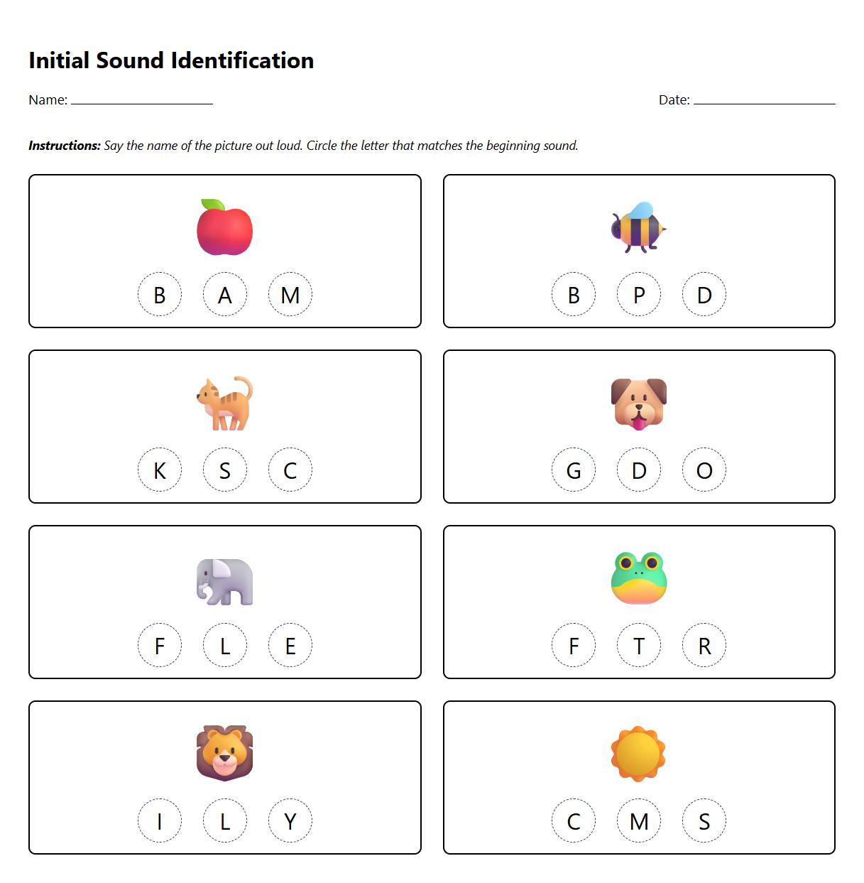 Initial Sound Identification Activity Sheet