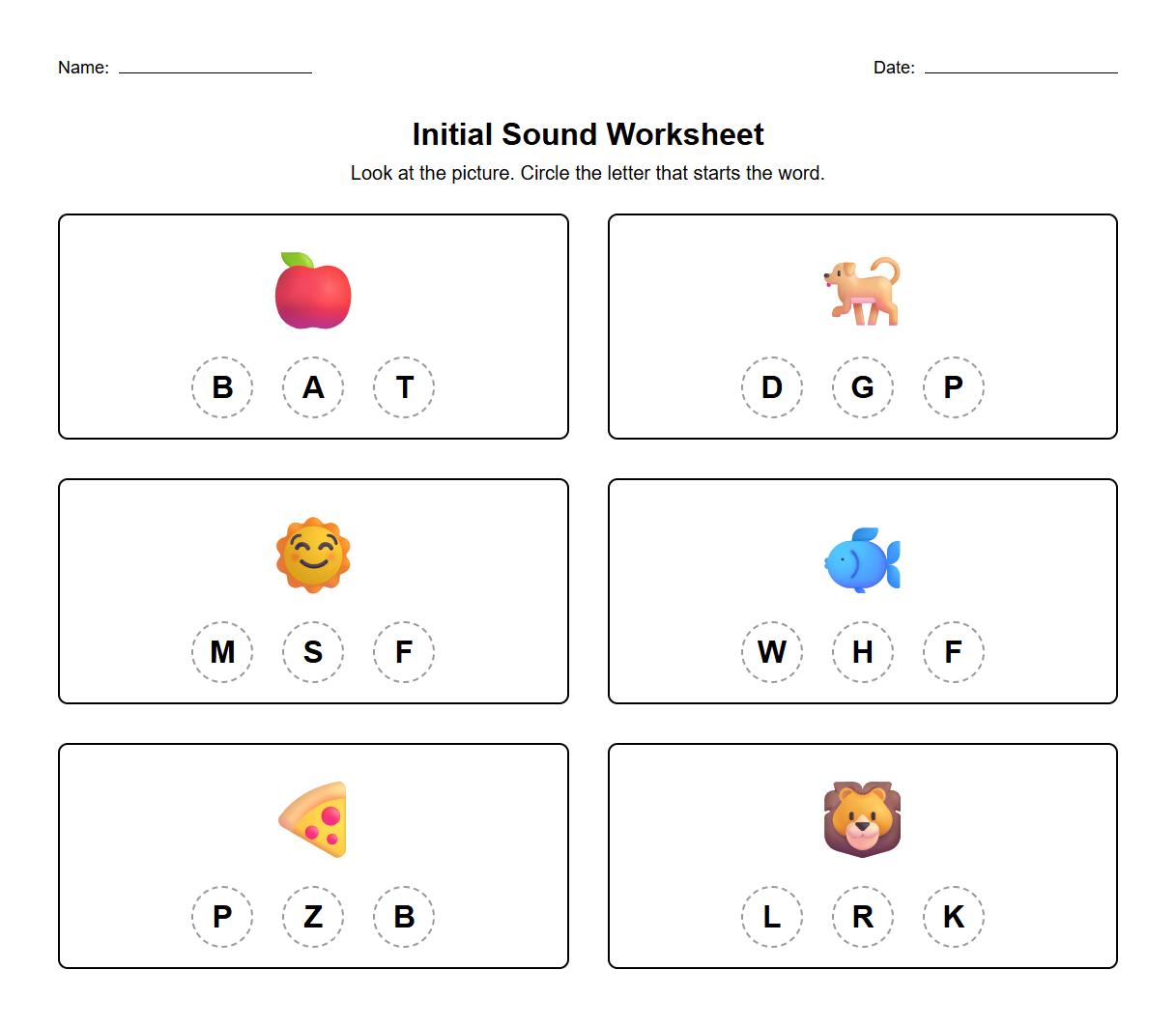 Initial sound identification worksheet using pictures and letters