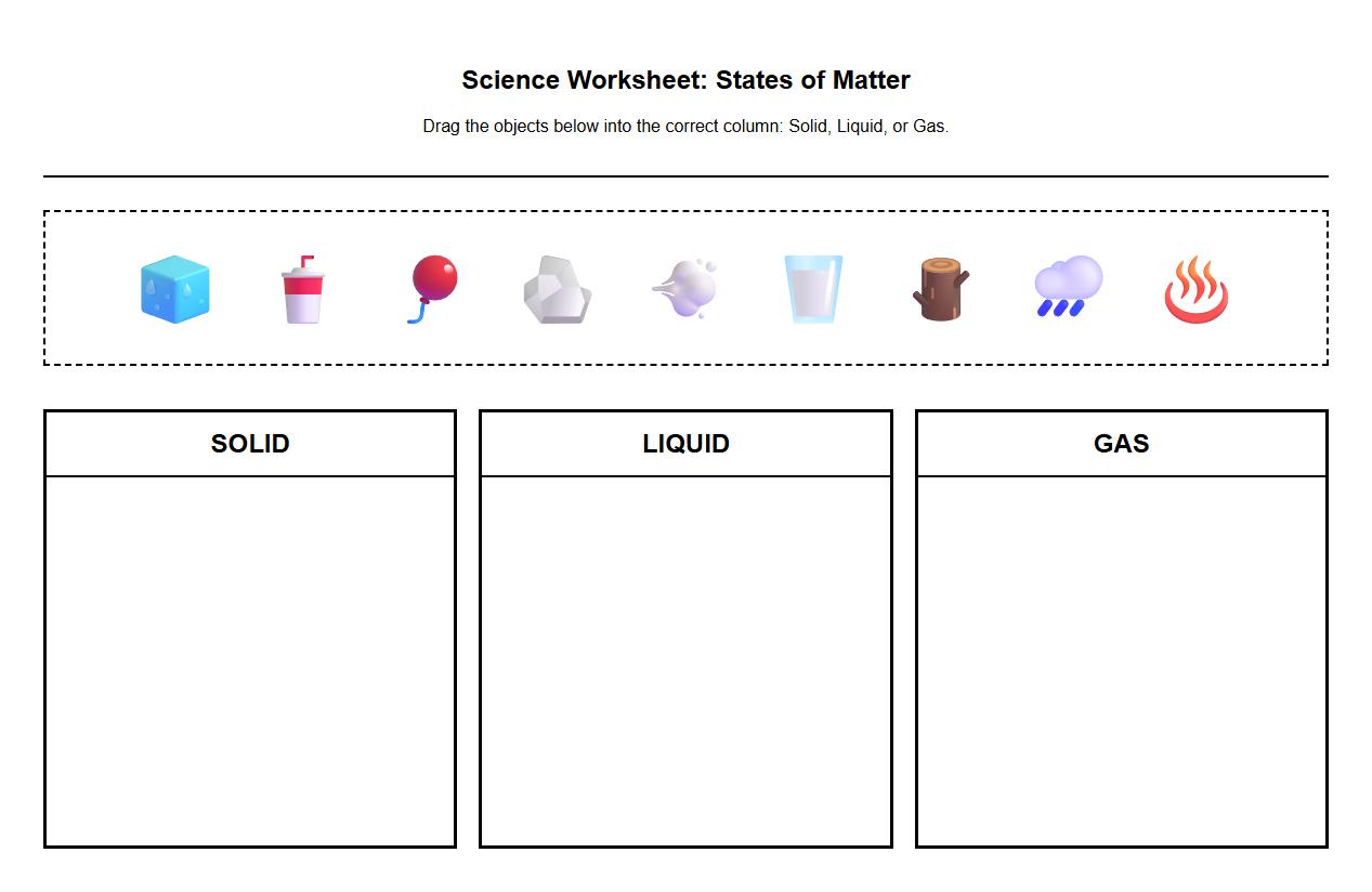 Interactive drag and drop worksheet for aligning objects with correct matter states