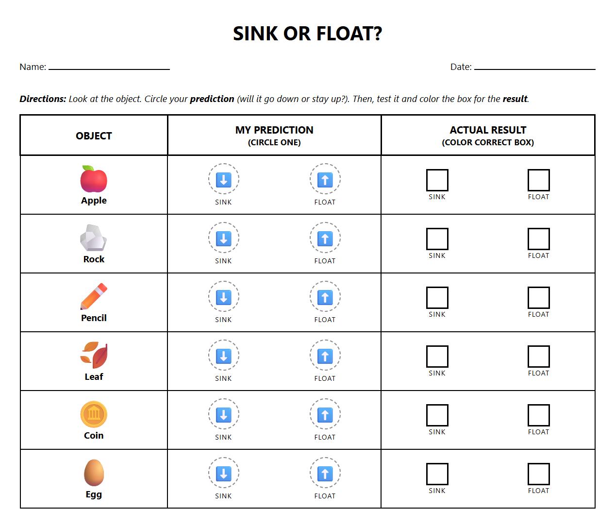 Interactive Sink or Float Prediction and Result Table Worksheet
