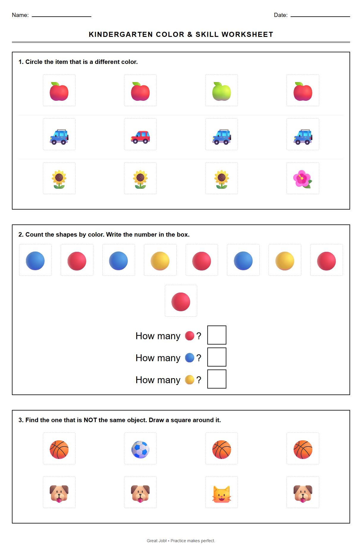 Kindergarten Spot the Difference Worksheet for Color Identification and Classification