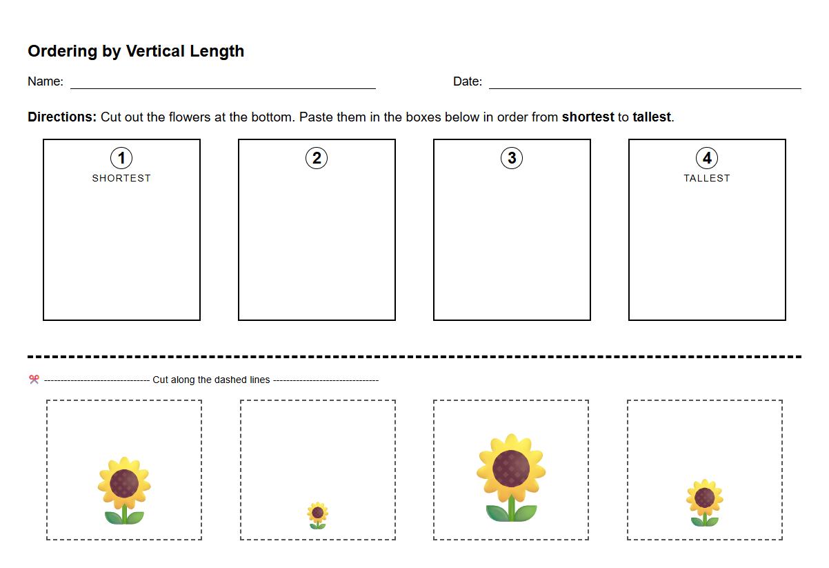 Kindergarten STEM Worksheet for Ordering by Vertical Length