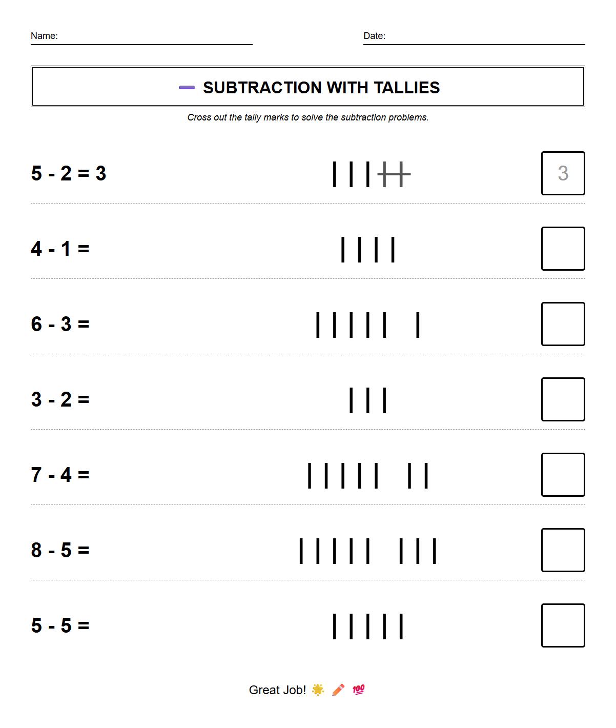 Kindergarten Subtraction with Tally Marks Worksheet