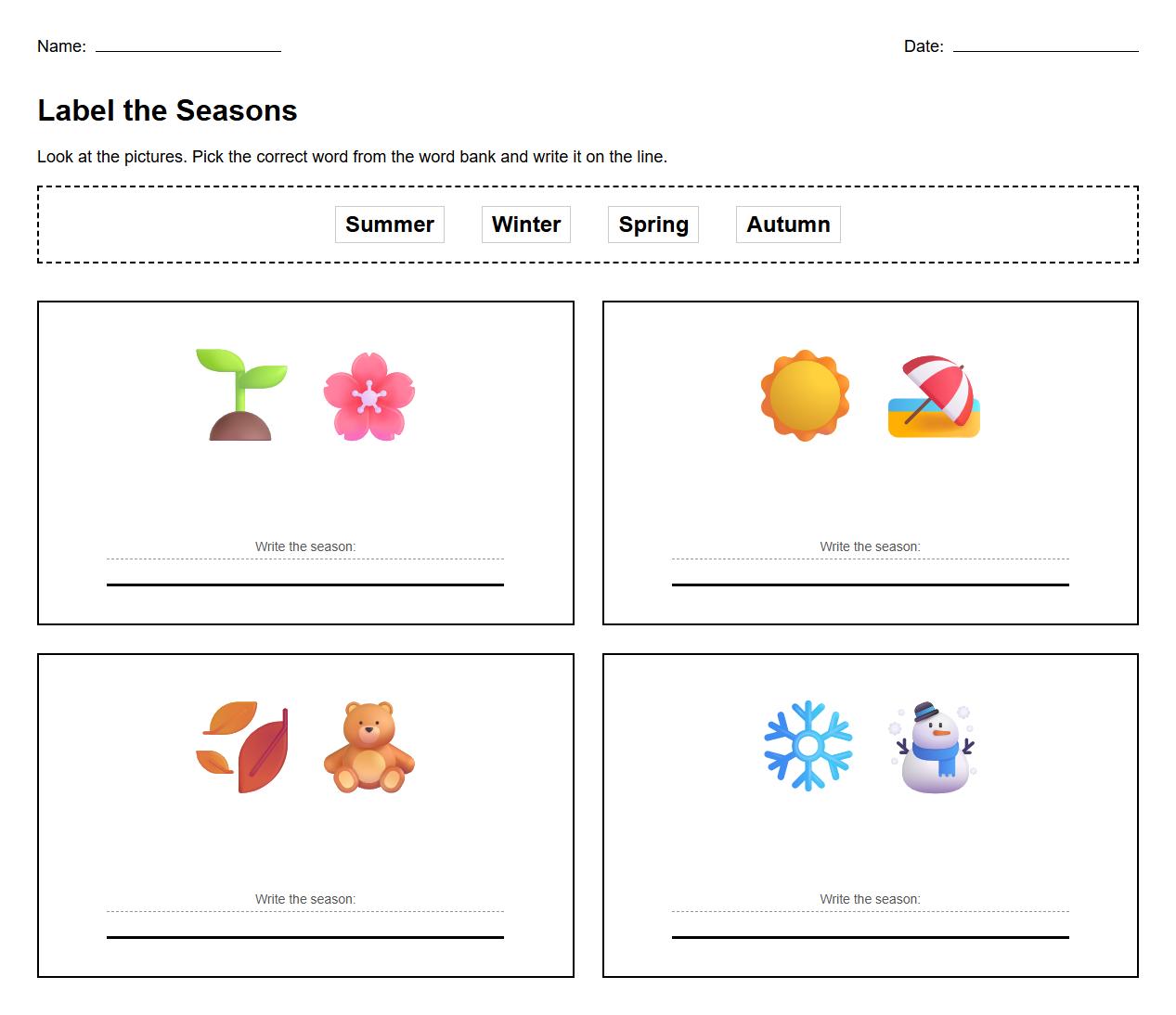 Label the Seasonal Weather Changes Using Word Bank
