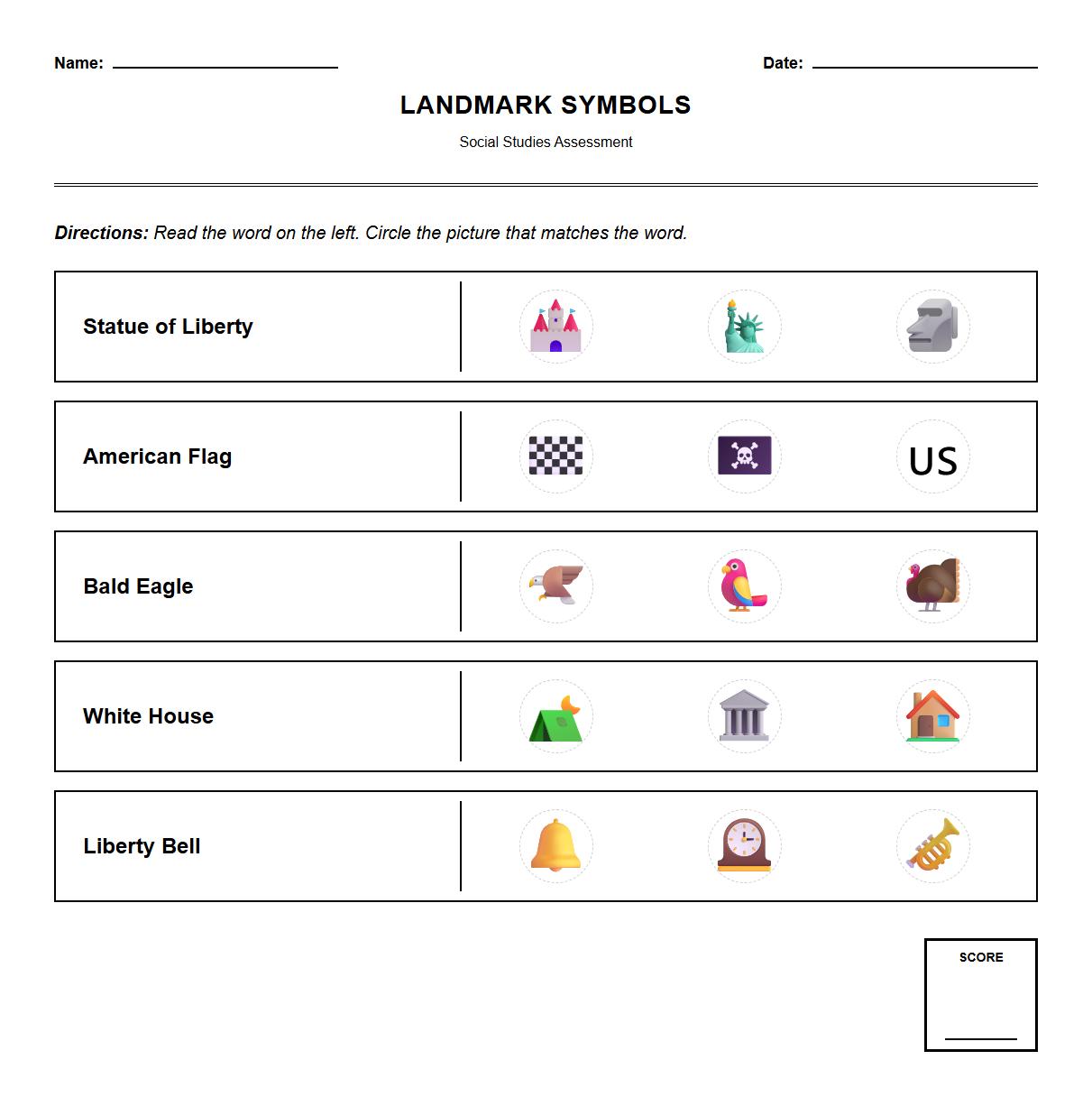 Landmark Symbol Visual Assessment Worksheet for Kindergarten
