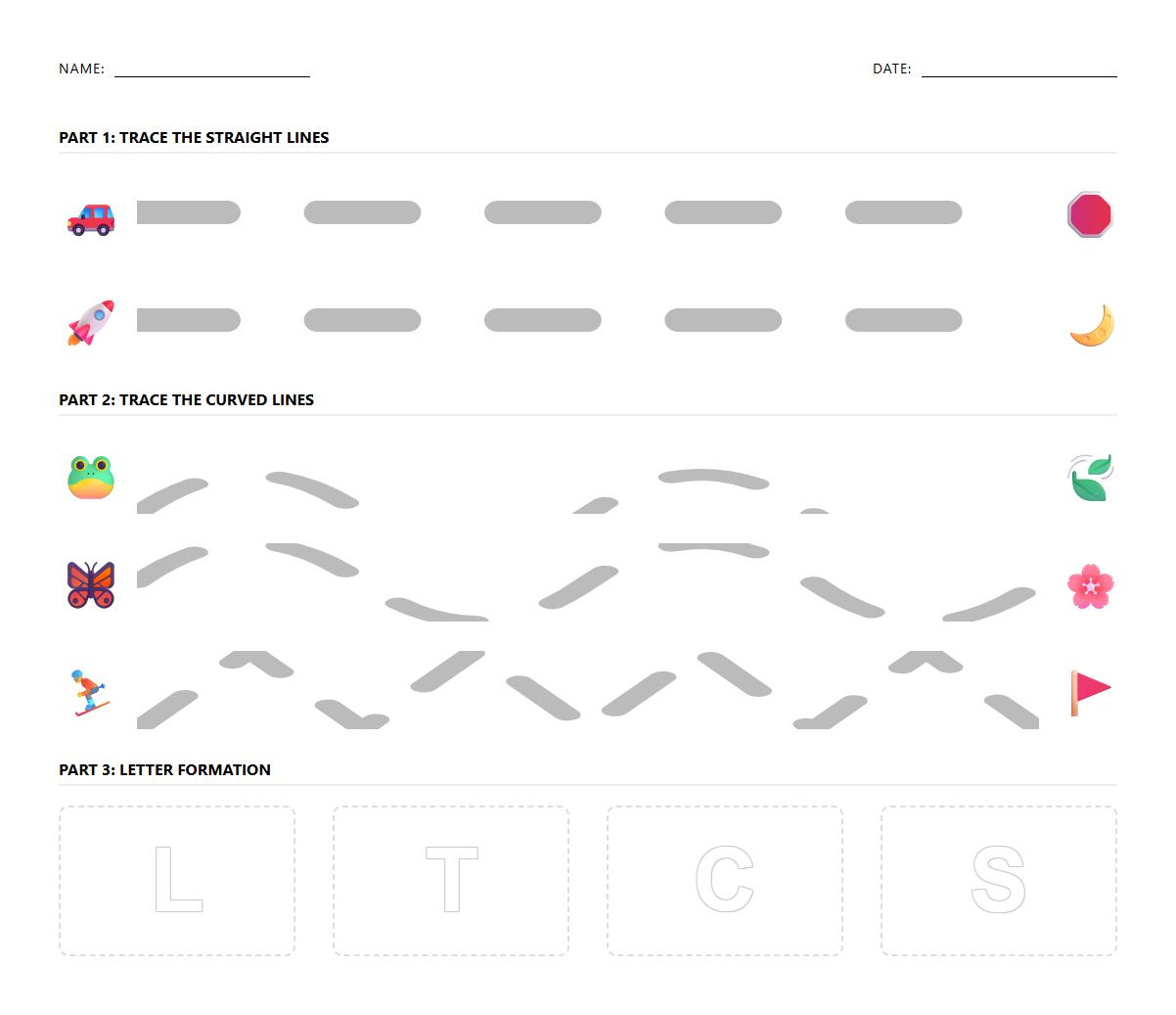 Letter Formation Curved and Straight Line Tracing Worksheet