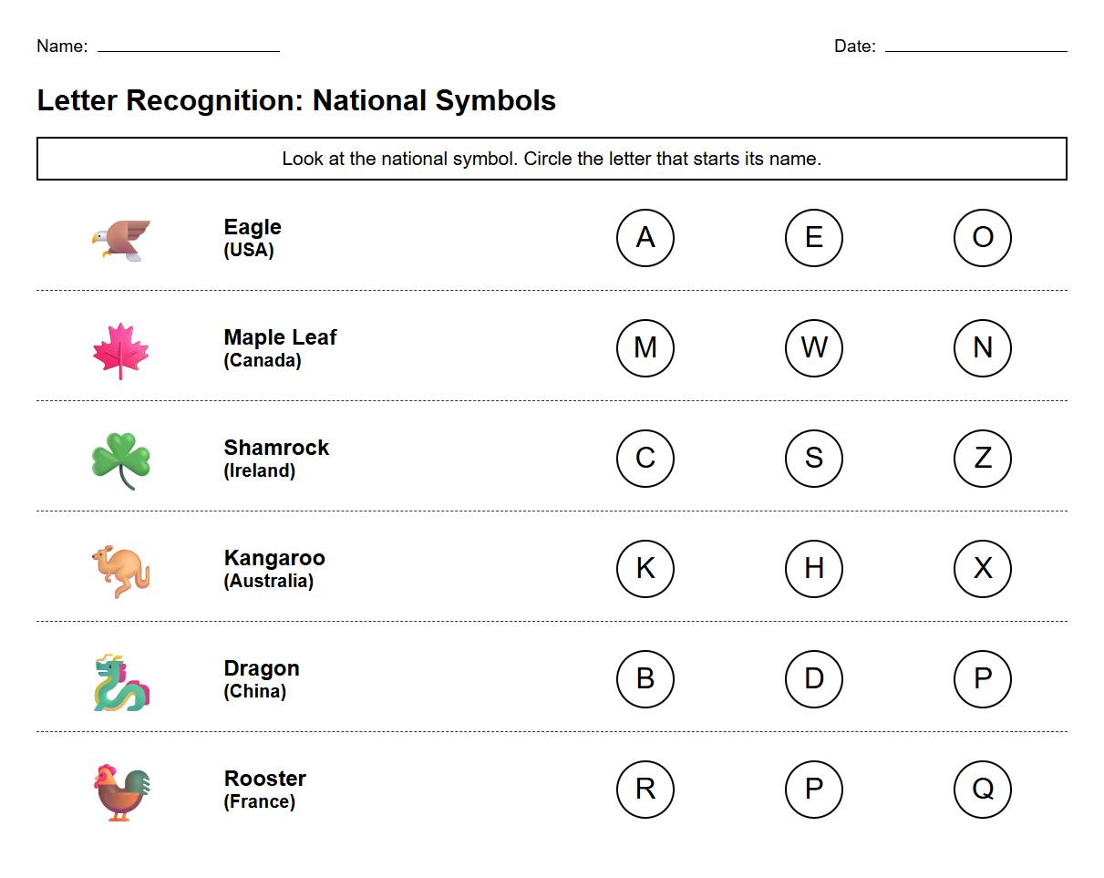 Letter Recognition Using Country National Emblems Worksheet
