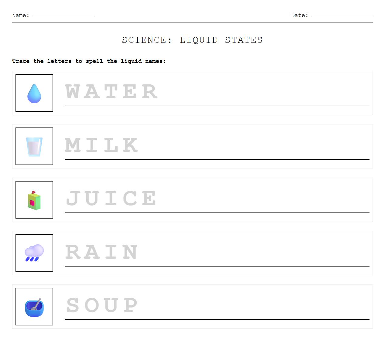 Liquid State Phonics Tracing and Coloring Worksheet