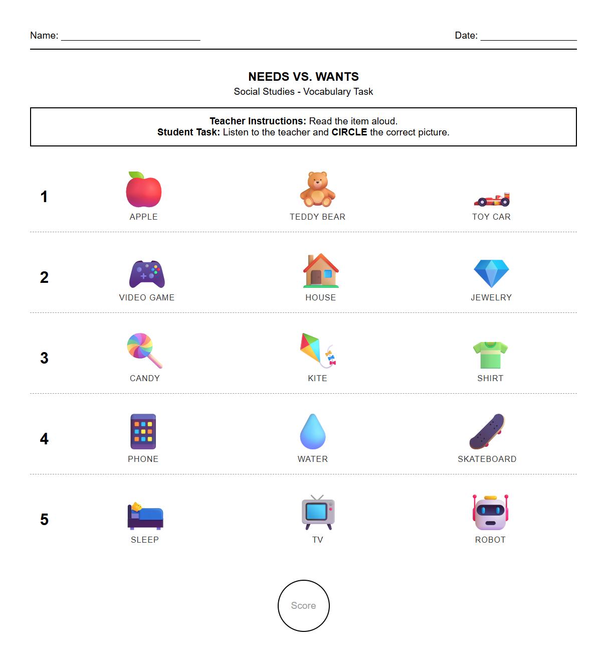 Listening Skills Needs and Wants Vocabulary Circle Task