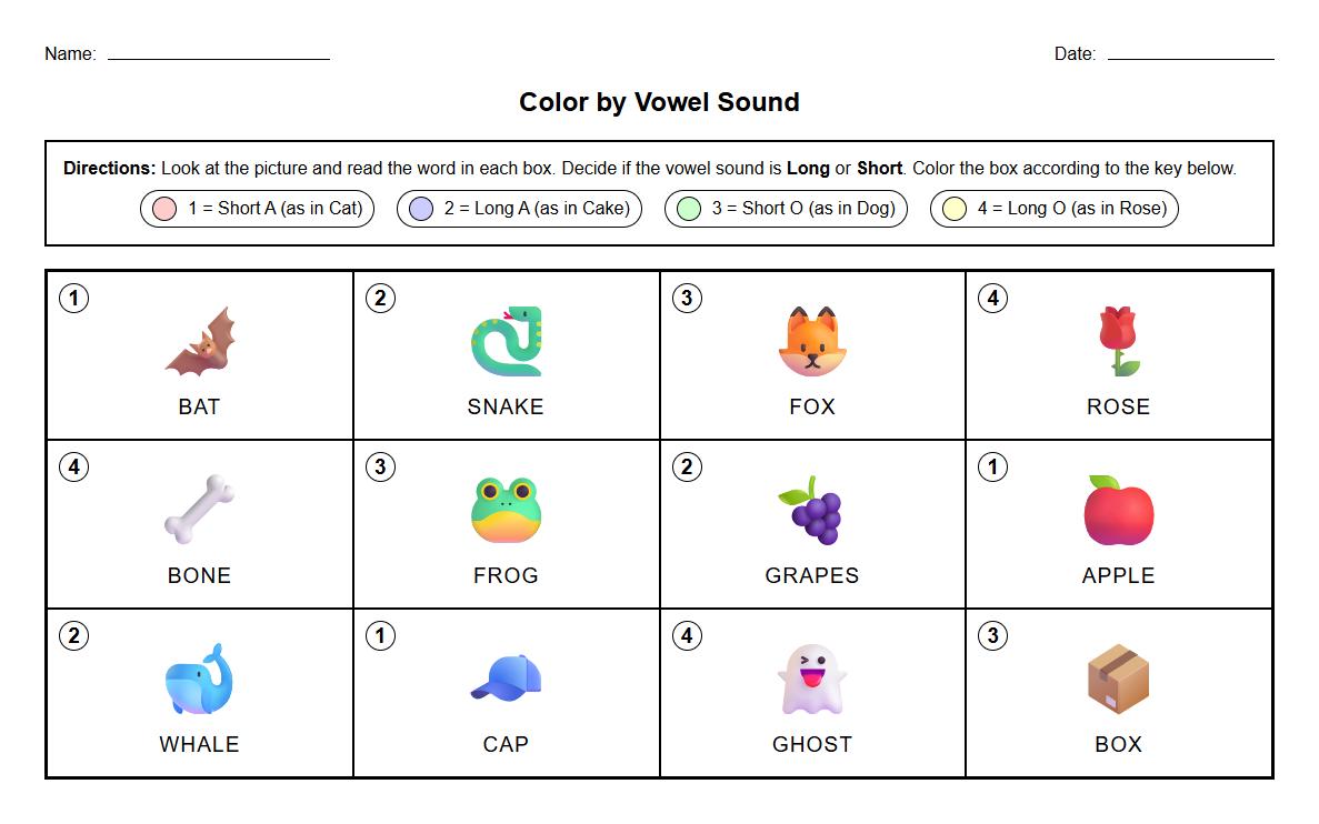 Long and Short Vowel Identification Color by Number Worksheet