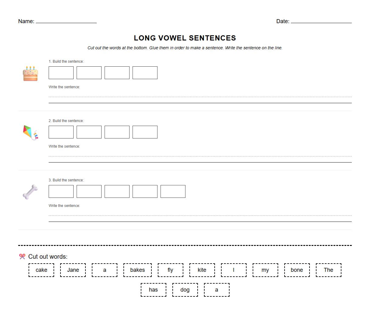 Long Vowel Sentence Formation Worksheets