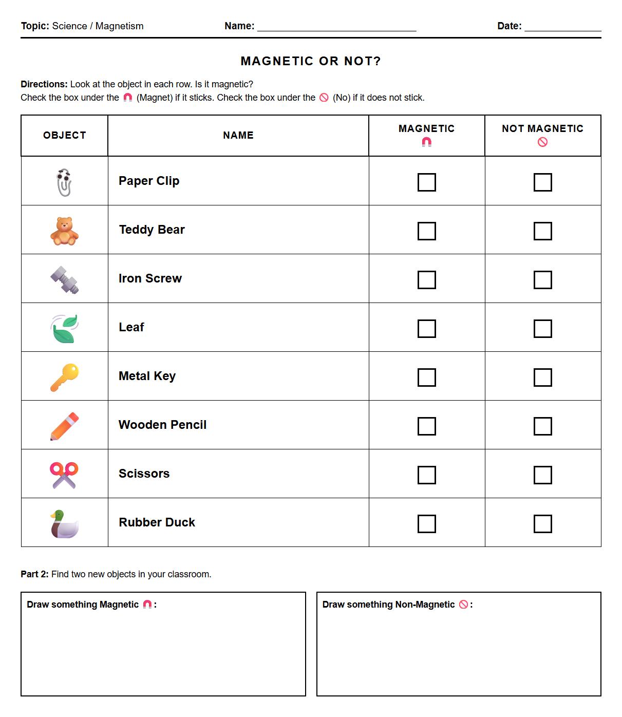 Magnetic vs Nonmagnetic Objects Identification Worksheet
