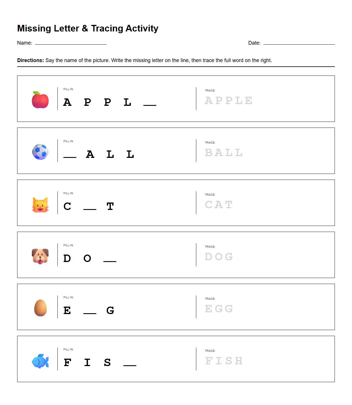 Missing Letter Fill In with Tracing Exercises