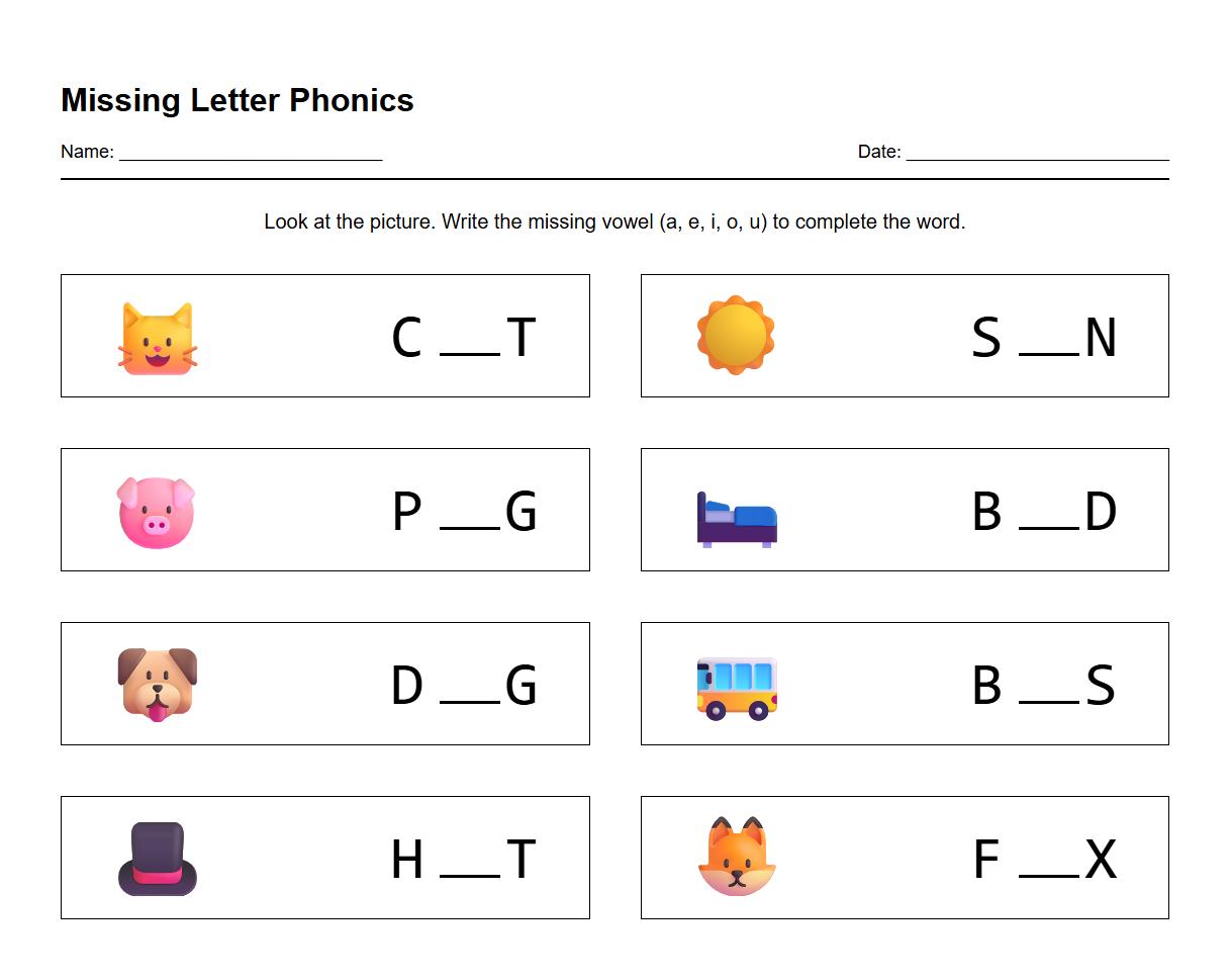 Missing Letter Phonics Match for CVC Words