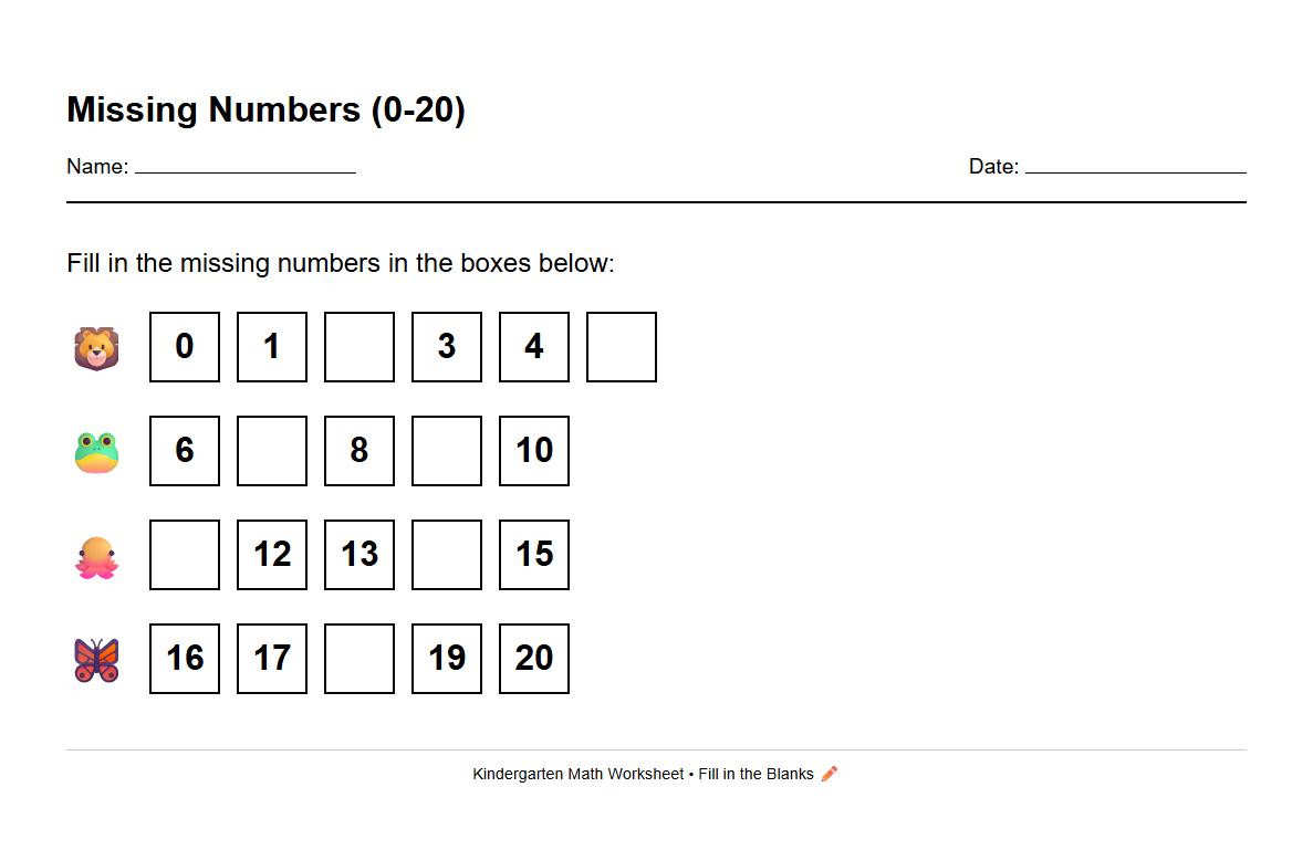 Missing Number Fill In 0 to 20 Worksheet