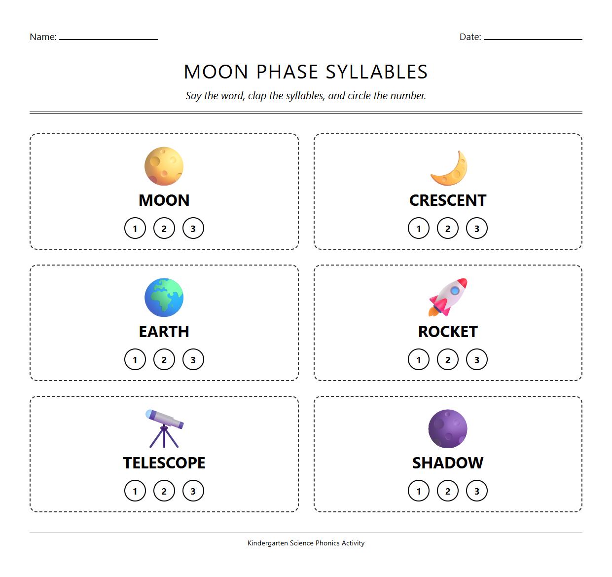 Moon Phases Syllable Counting Phonics Worksheet