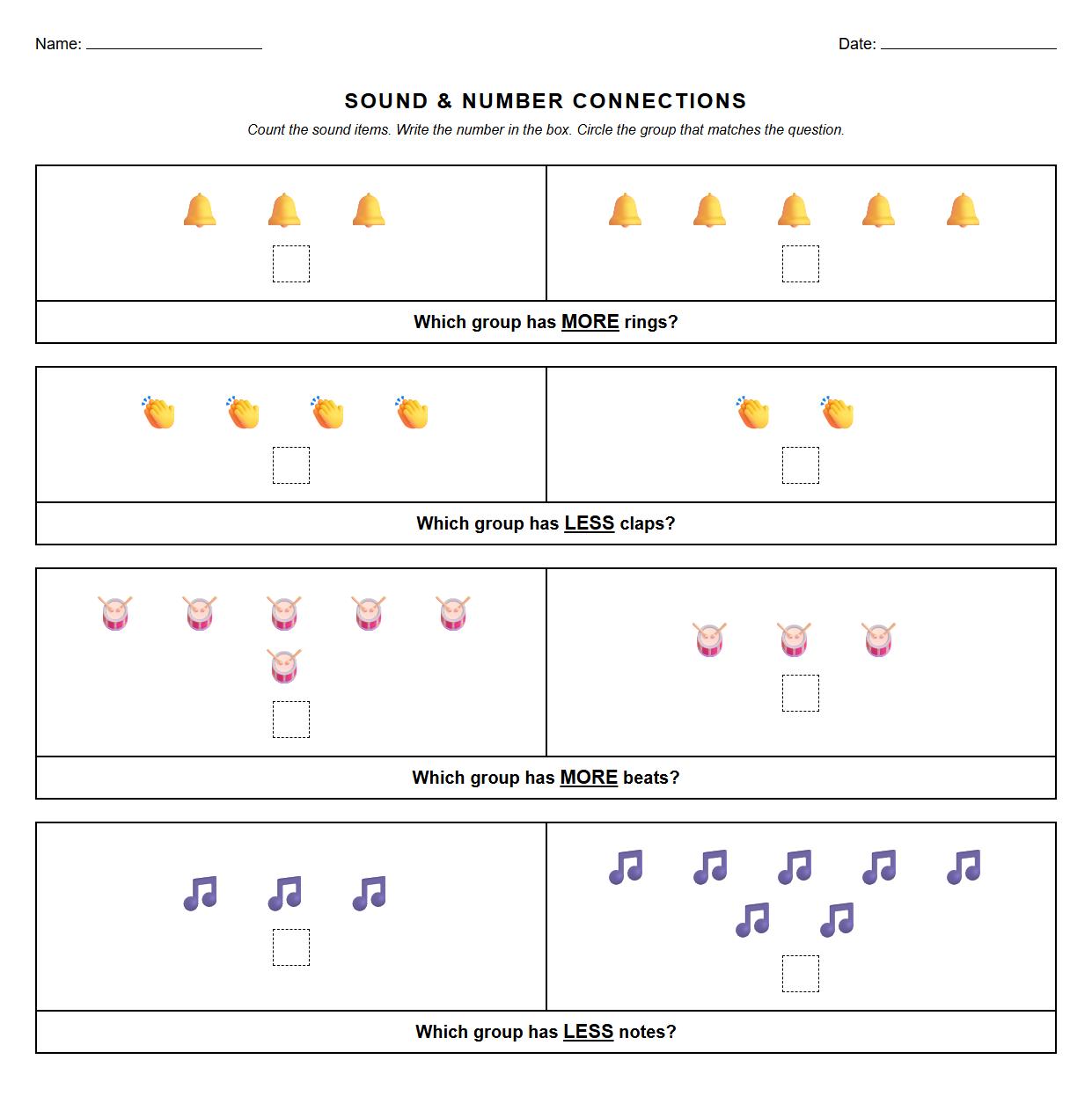 More or Less Math Worksheet with Sound-to-Quantity Connections