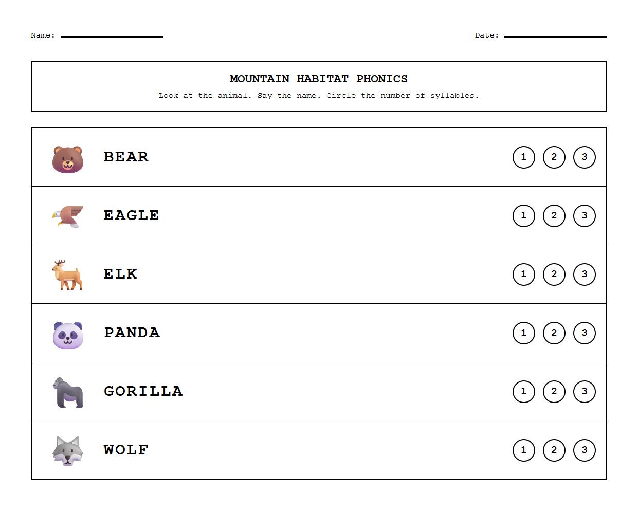 Mountain Animal Habitat Association Worksheet Using Syllable Counting Phonics
