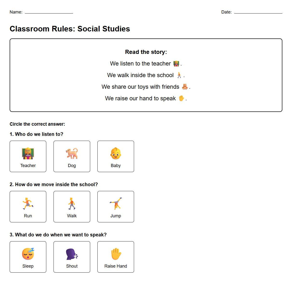 Multiple Choice Comprehension Guided Reading Worksheet for Classroom Rules