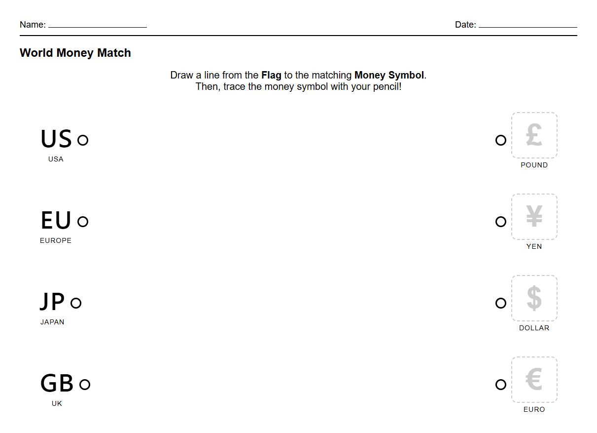 Multisensory Flag and Currency Symbol Matching Worksheet