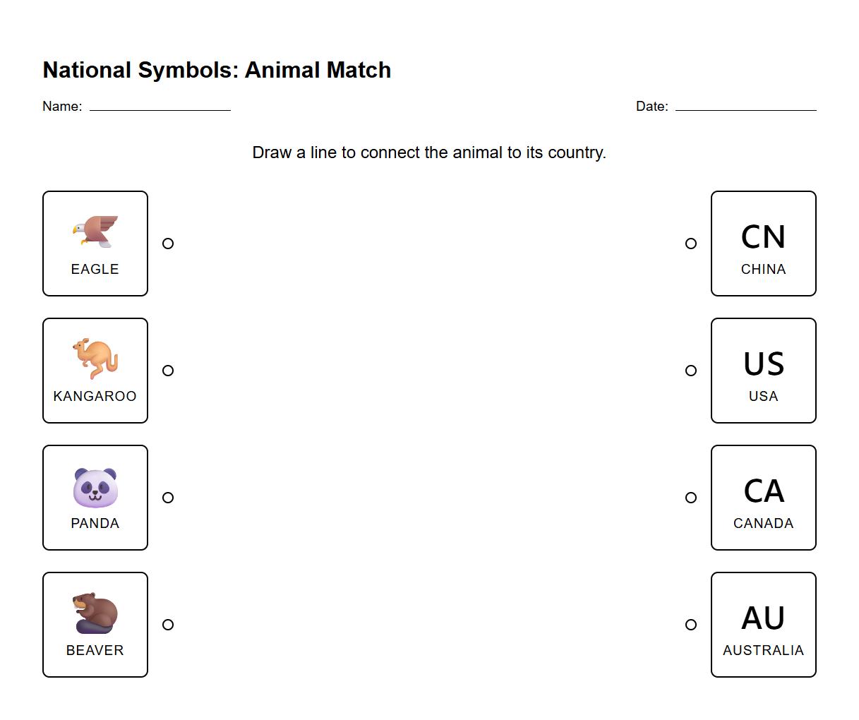 National Animal Symbol to Country Identification Worksheet