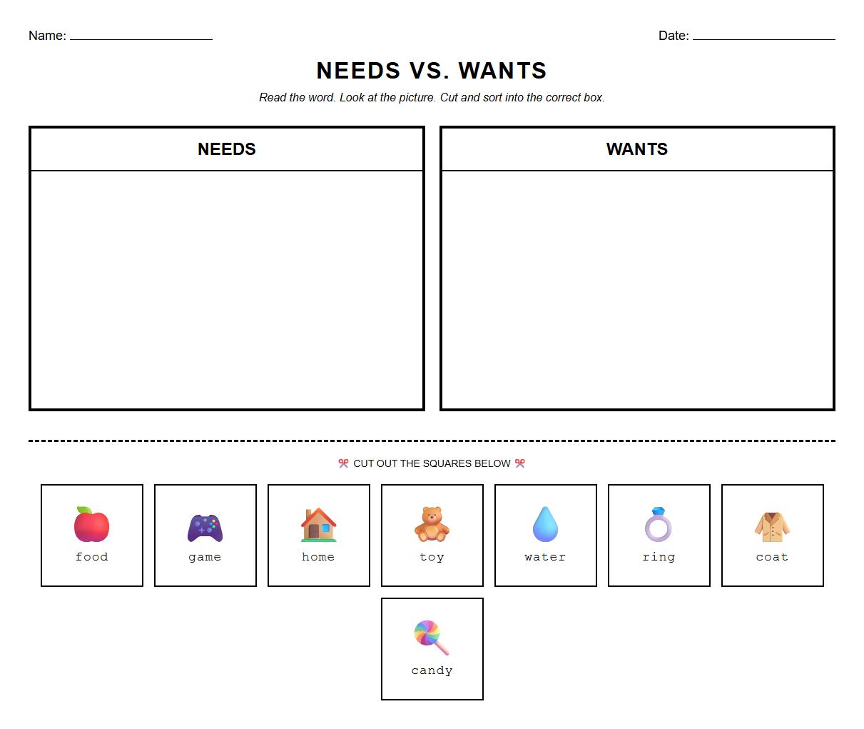 Needs vs Wants Image Sorting Phonics Worksheet
