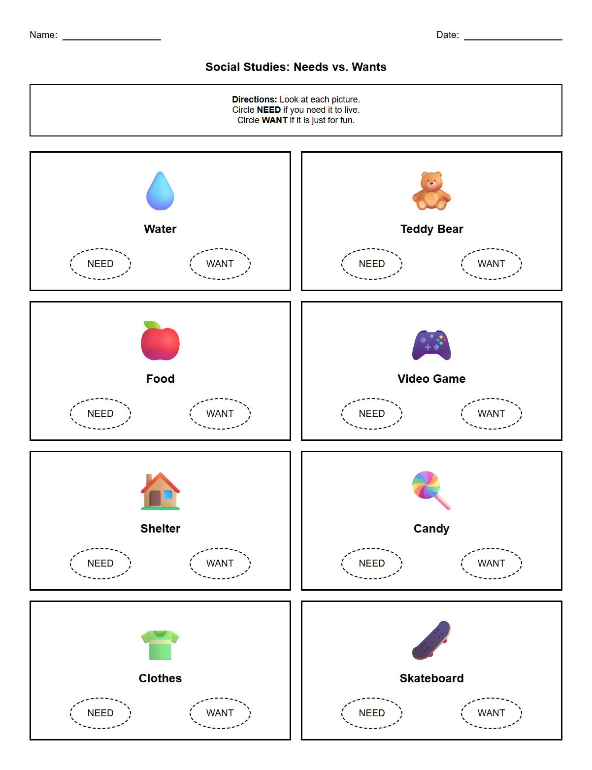 Needs vs Wants Visual Discrimination Worksheet for Kindergarten