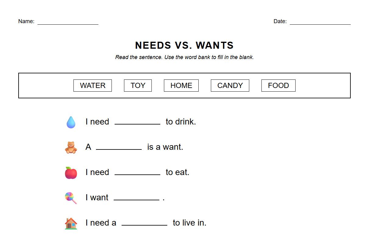 Needs vs Wants Word Bank Fill in the Blank Worksheet