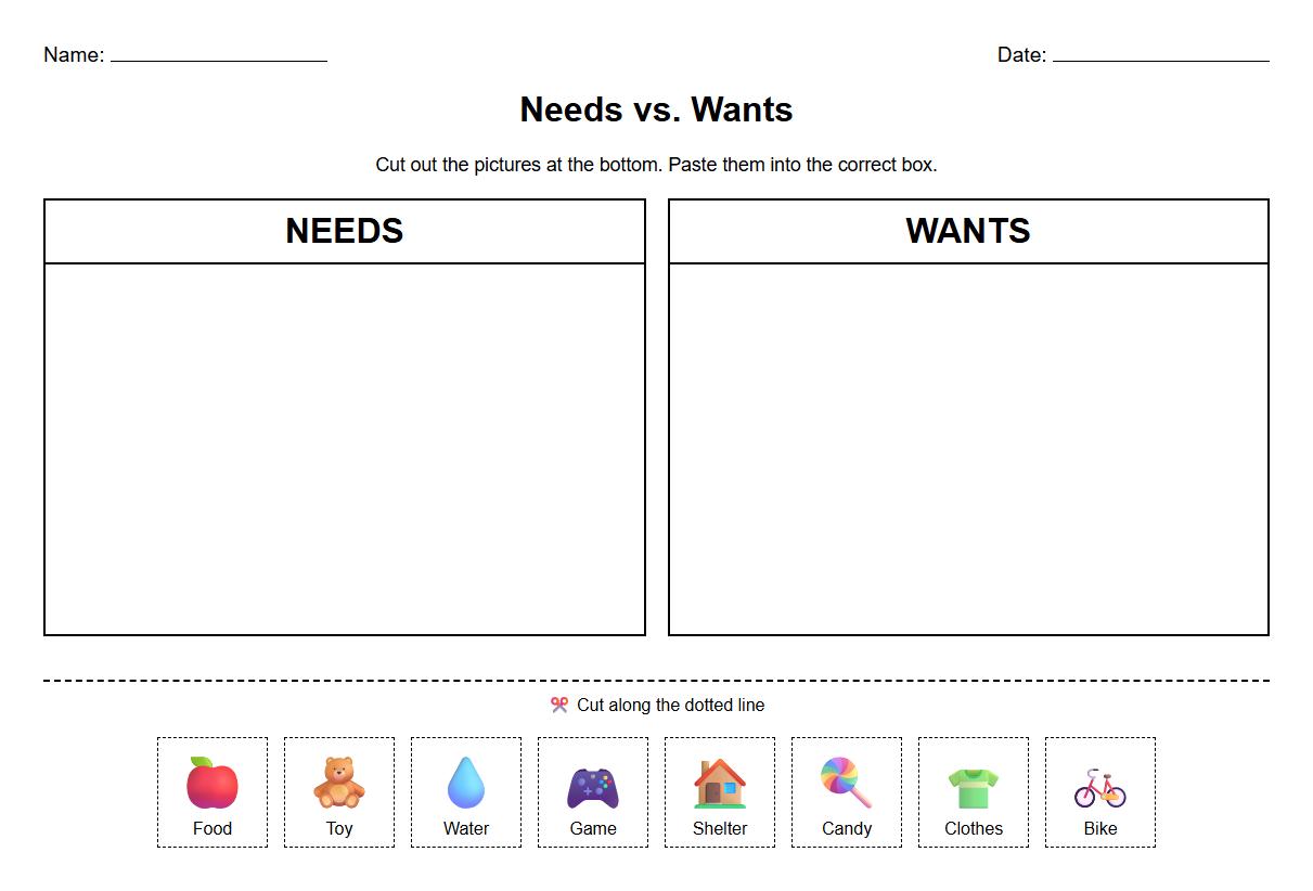 Needs and Wants Object Sorting Activity Sheet