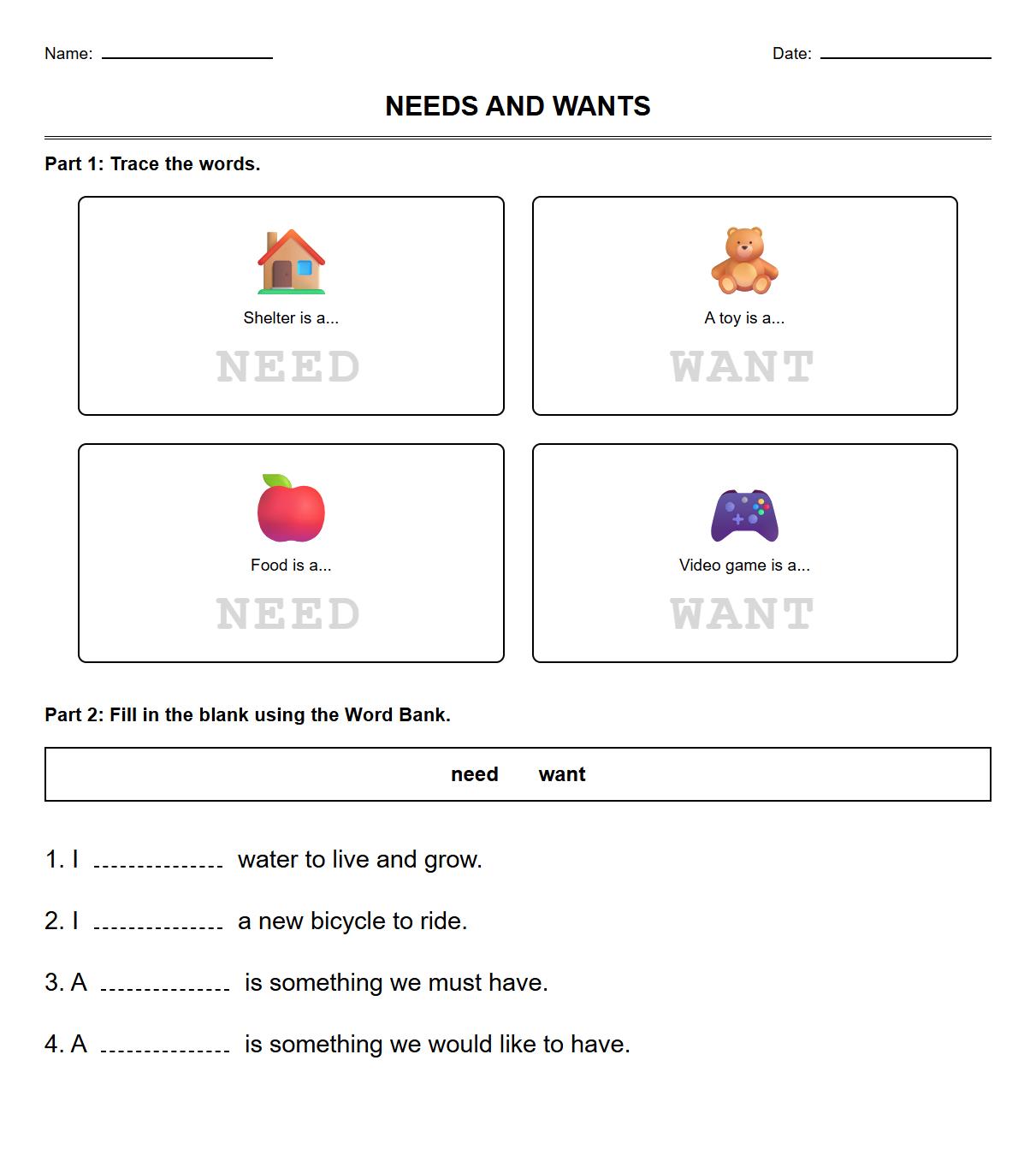Needs and Wants Tracing Words Worksheet with Fill in the Blank Sentences