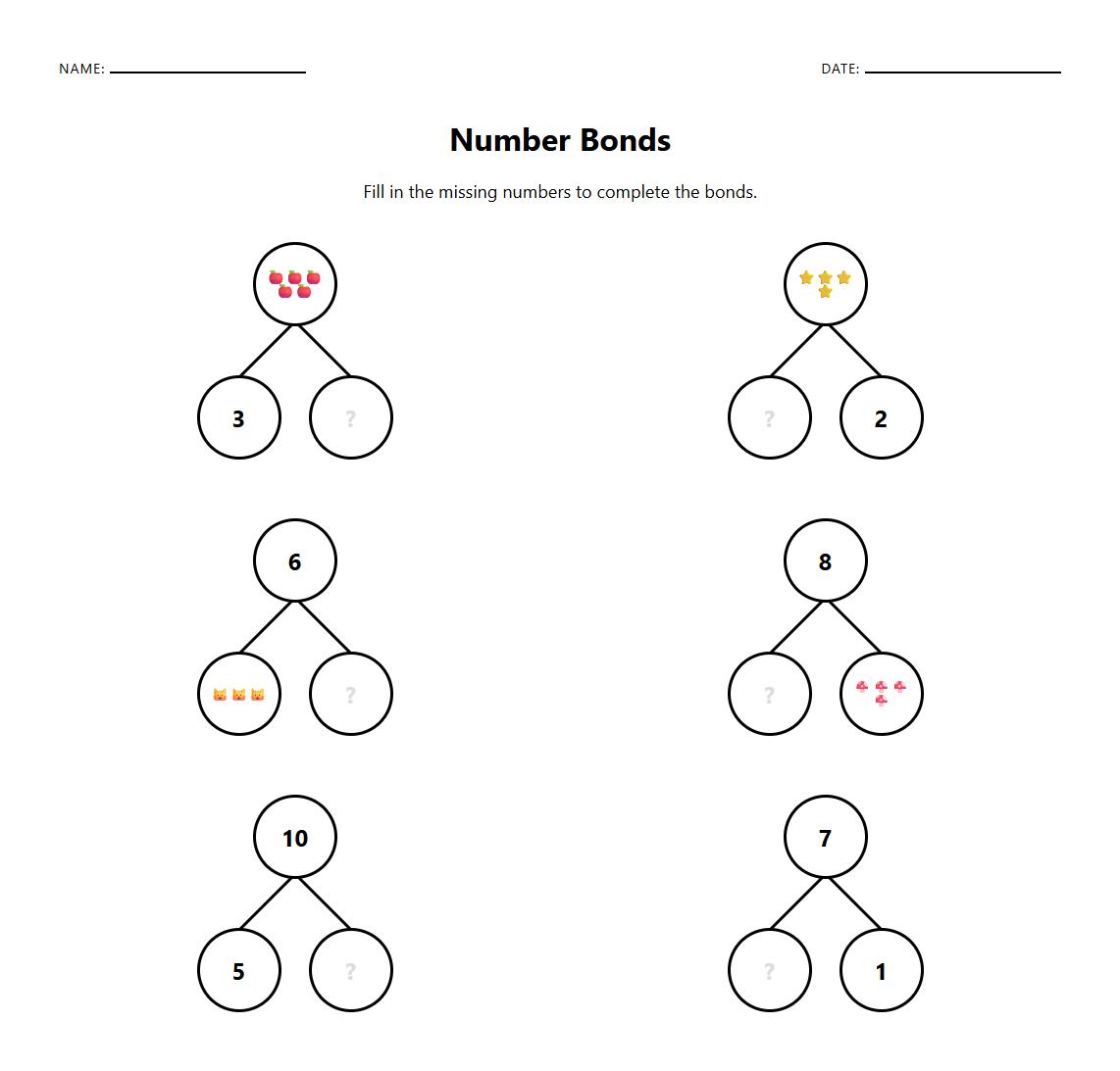 Number Bonds Decomposition Worksheet