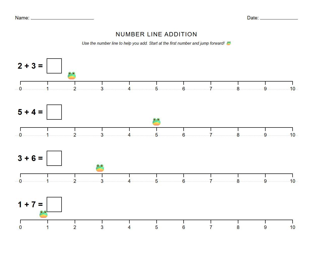Number Line Addition Worksheet using Counting Strategies