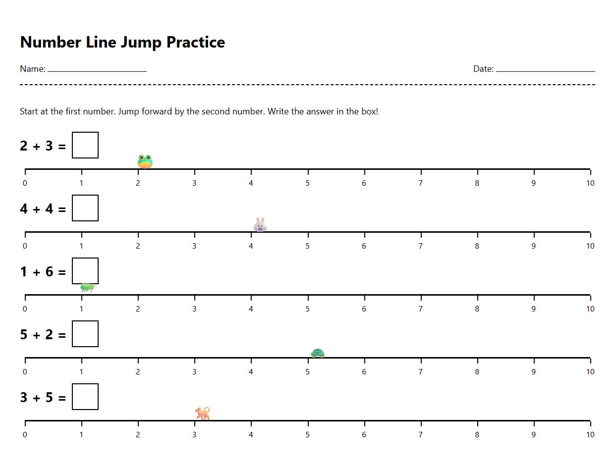 Number Line Jump Practice worksheet for Basic Math Skills